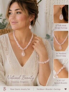 Rose Quartz Stone Jewelry Set 16" Necklace 6.75"-7.5" Stretch Bracelet & 2" Dang